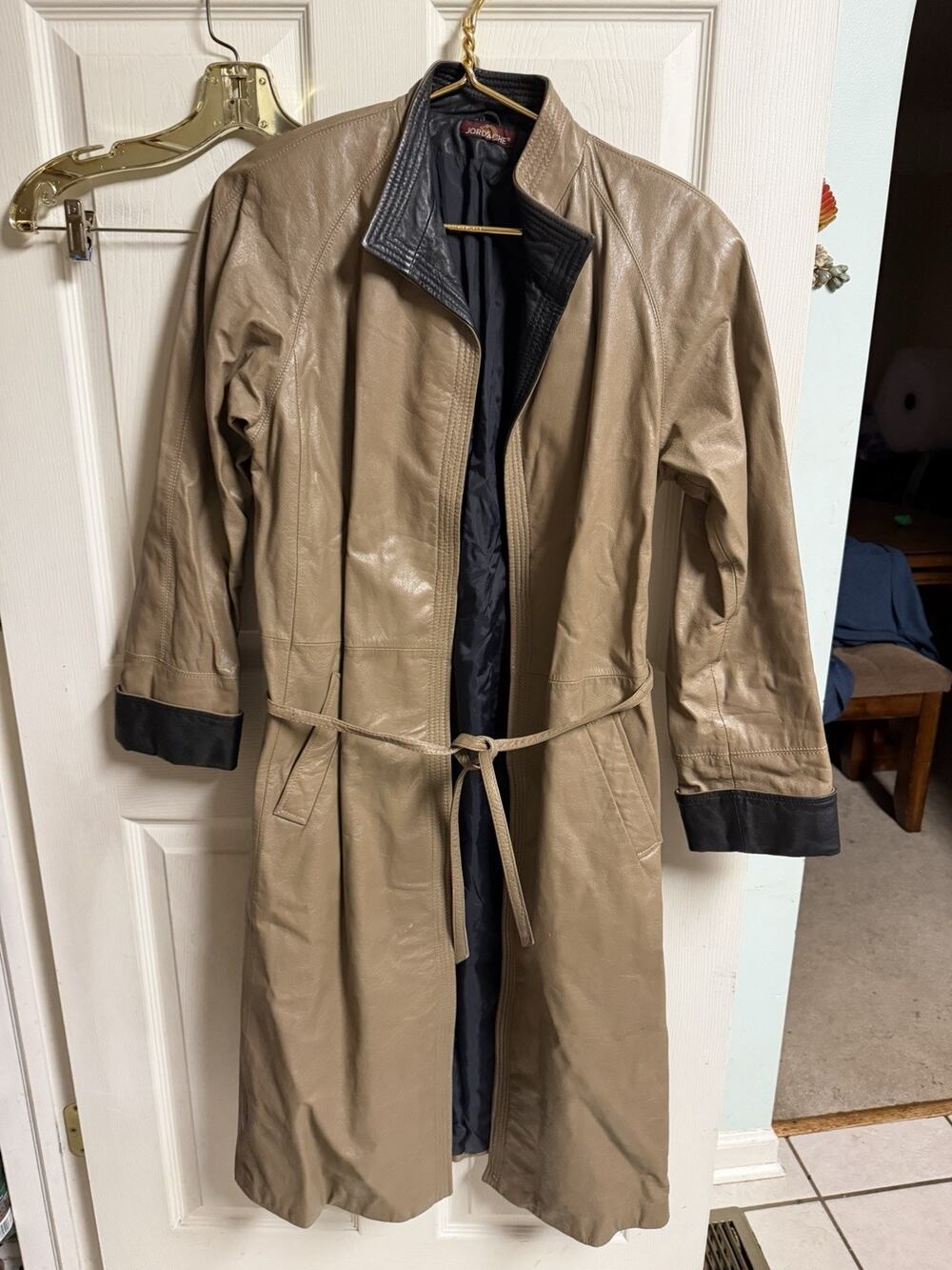 Rare 80s 90s Jordache Brown Belted Leather Jacket Women 36x42 Small Duster Vnt
